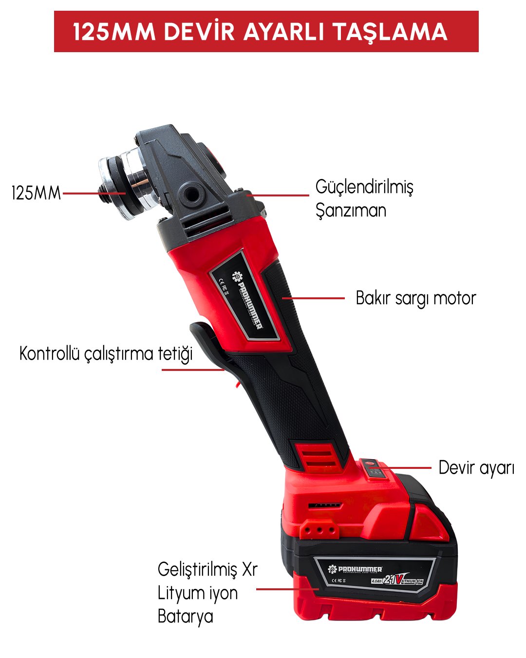 Prohummer PH333 Profesyonel Yeni Kırmızı 21v 4ah 5li Matkap Seti- 125mm avuç taşlama özellikleri