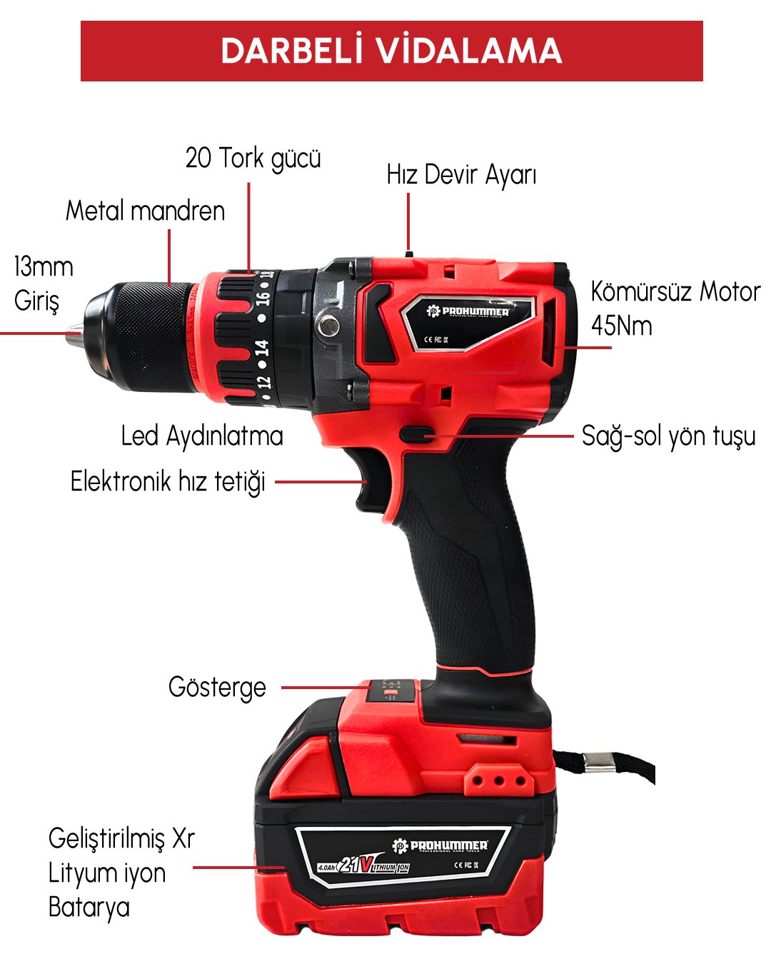 Prohummer PH333 Profesyonel Yeni Kırmızı 21v 4ah 5li Matkap Seti darbeli vidalama özellikleri