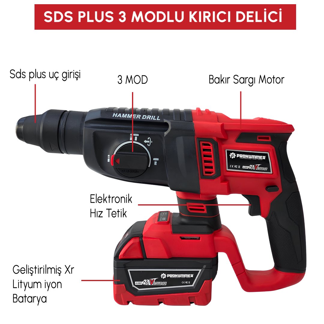 Prohummer PH333 Profesyonel Yeni Kırmızı 21v 4ah 5li Matkap Seti Kırıcı delici matkap özellikleri