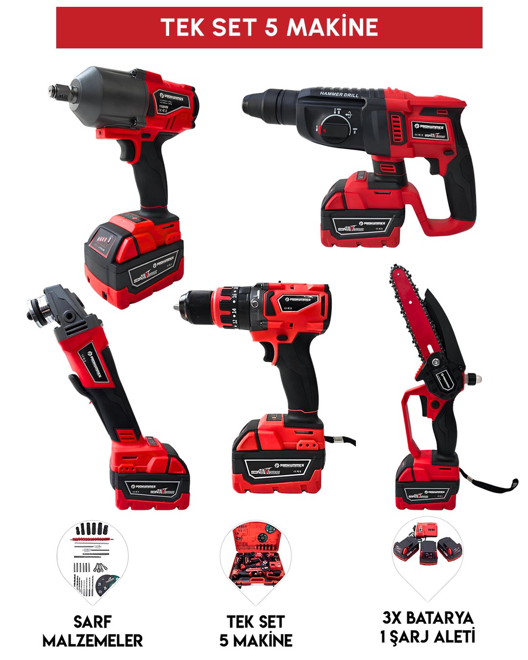 Prohummer PH333 Profesyonel Yeni Kırmızı 21v 4ah 5li Matkap Seti Matkap model ve fiyatlar