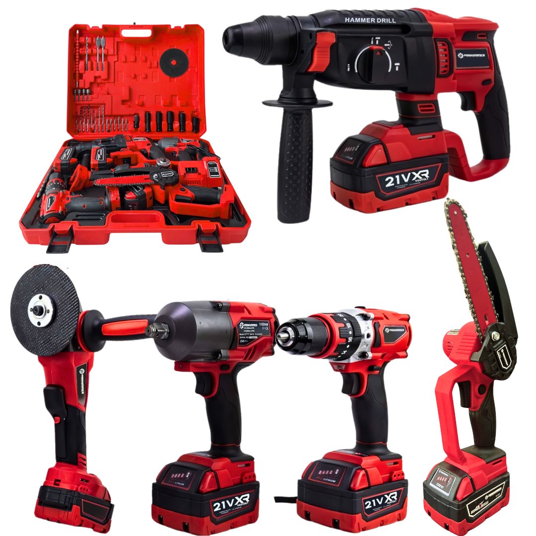 Prohummer PH333 Profesyonel Yeni Kırmızı 21v 4ah 5li Matkap Seti - 1100Nm Somun Sökme, Kırıcı Delici, 125mm Devir Ayarlı Avuç Taşlama, 13mm Vidalama Matkap ve 15cm Dal Budama Testere