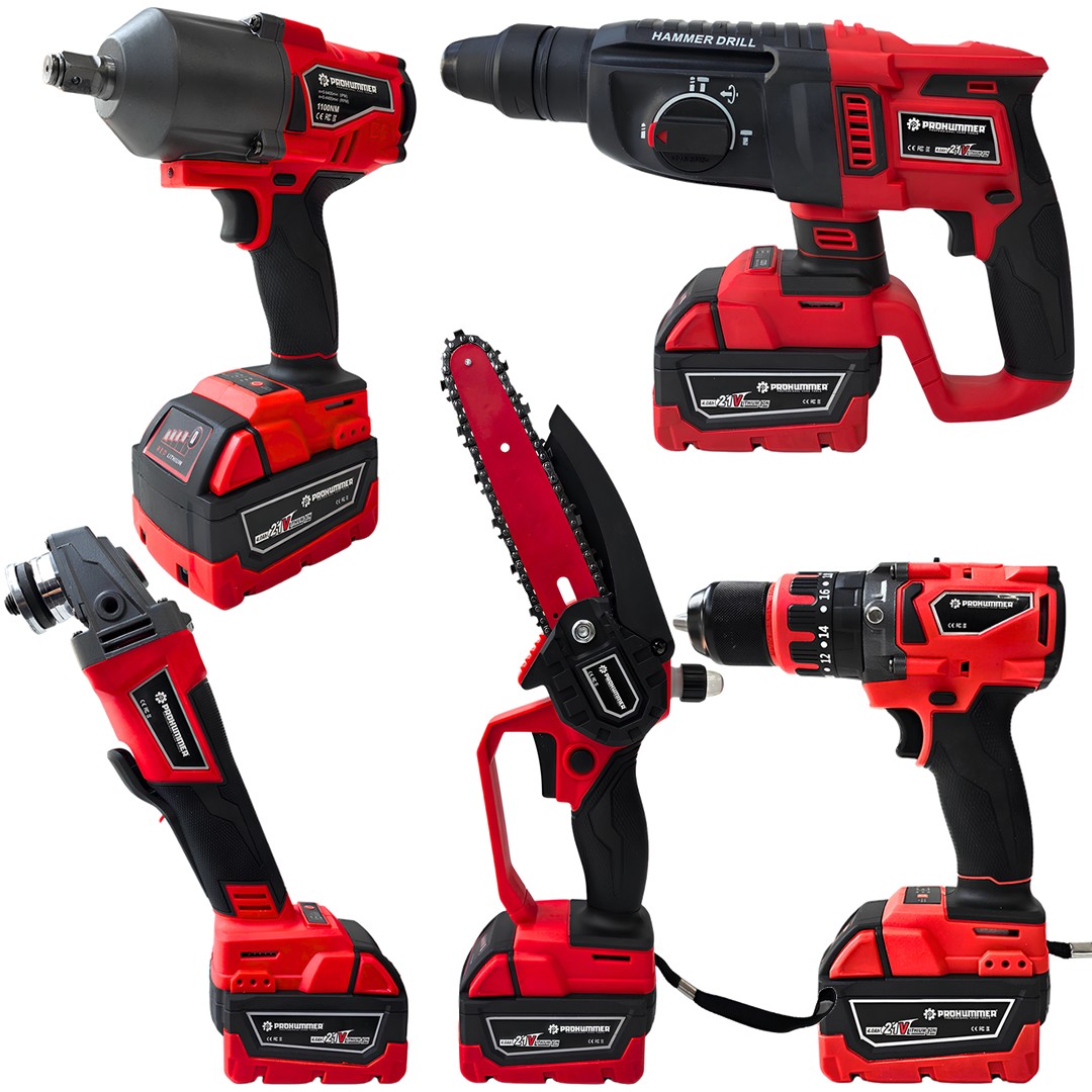 Prohummer PH333 Profesyonel Yeni Kırmızı 21v 4ah 5li Matkap Seti - 1100Nm Somun Sökme, Kırıcı Delici, 125mm Devir Ayarlı Avuç Taşlama, 13mm Vidalama Matkap ve 15cm Dal Budama Testere