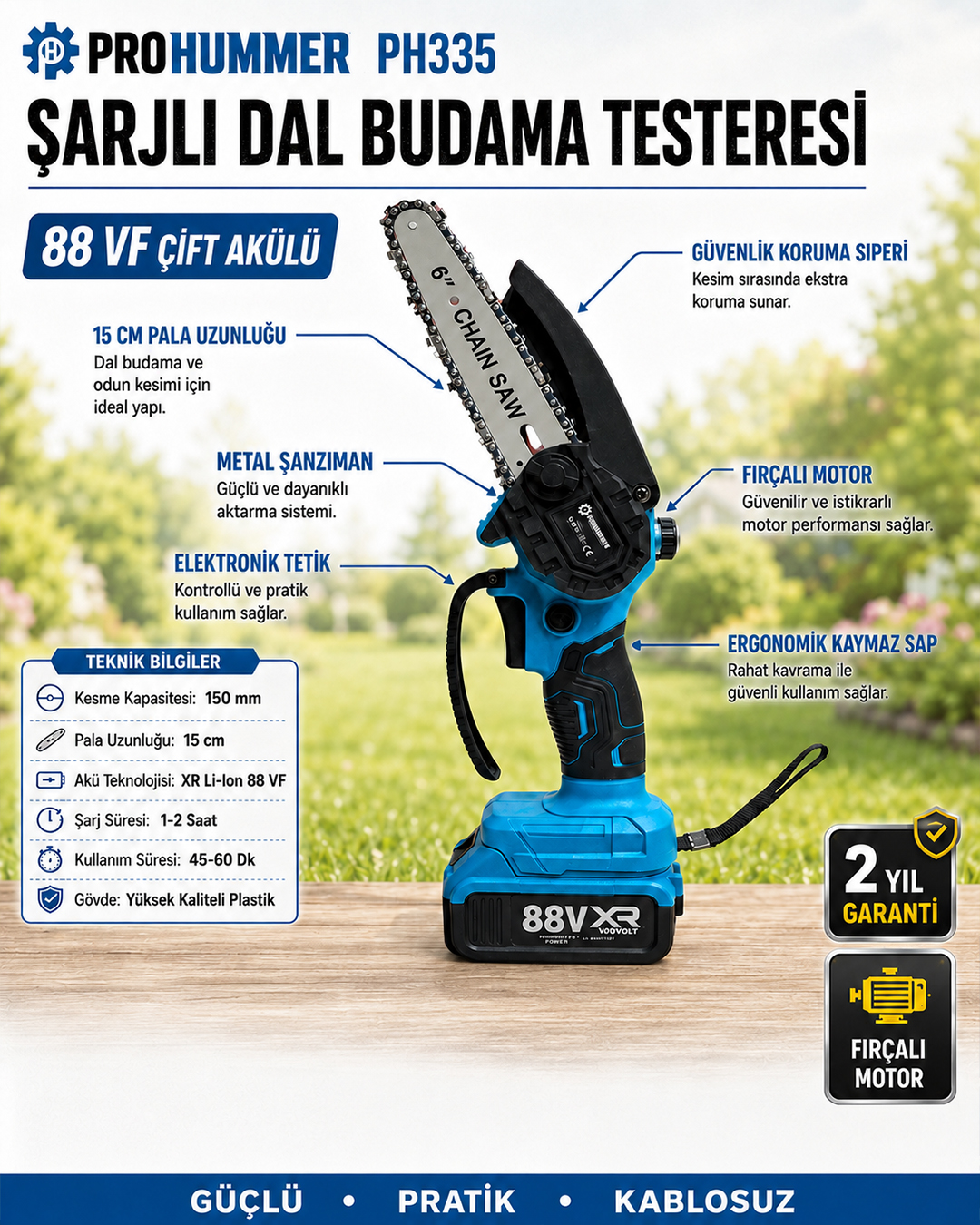 Prohummer PH335 2li Bahçe Seti 88VF Çift Akülü Şarjlı Dal Budama Testeresi özellikleri