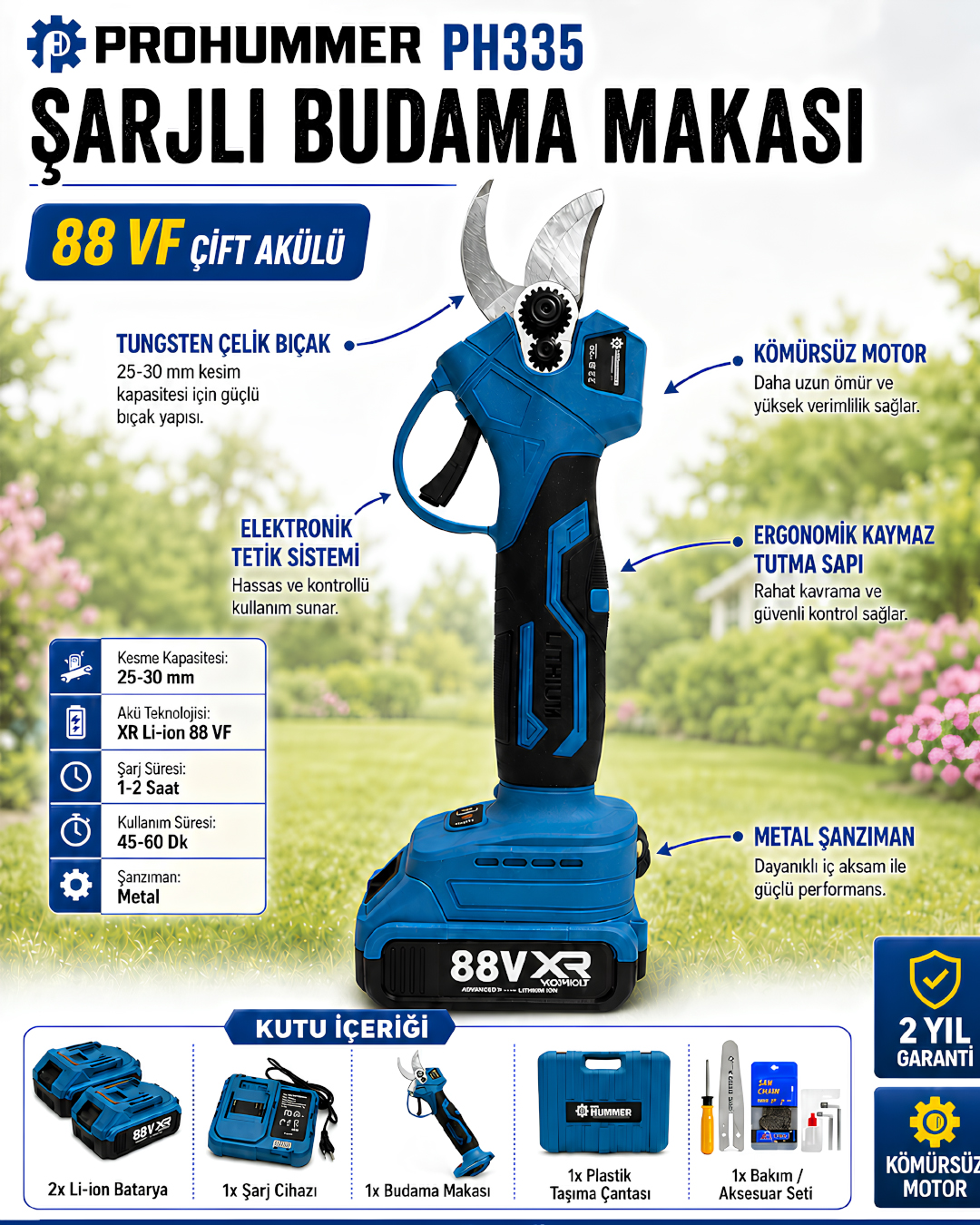 Prohummer PH335 2li Bahçe Seti 88VF Çift Akülü Şarjlı  Budama Makası özellikleri
