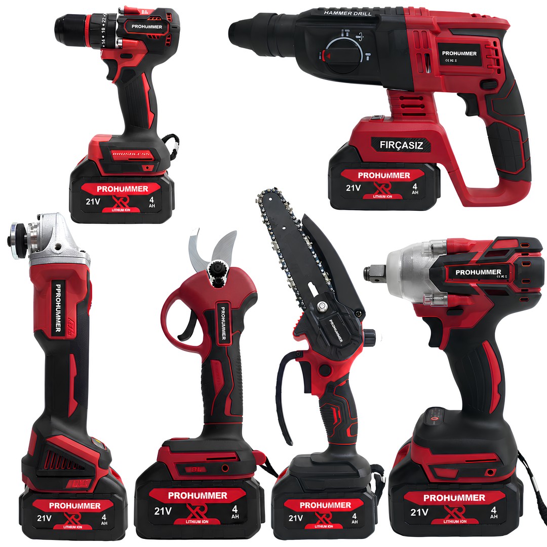 Prohummer PH338 Profesyonel Kömürsüz Akülü Kırmızı 6lı Set - 21V 4ah (Kırıcı Delici, Somun Sıkma, Vidalama, Avuç Taşlama, Dal Budama Makası, Dal Testeresi)