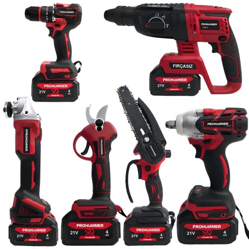 Prohummer PH338 Profesyonel Kömürsüz Akülü Kırmızı 6lı Set - 21V 4ah (Kırıcı Delici, Somun Sıkma, Vidalama, Avuç Taşlama, Dal Budama Makası, Dal Testeresi)