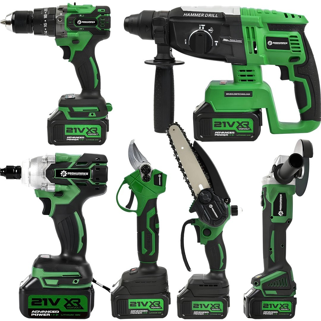 Prohummer PH348 Yeşil Profesyonel Akülü Süper 6lı Set Makina - 125mm Avuç Taşlama, Sds Plus Kırıcı Delic, Somun Sıkma Sökme, Vidalama Matkap, Budama Testere, Budama Makası
