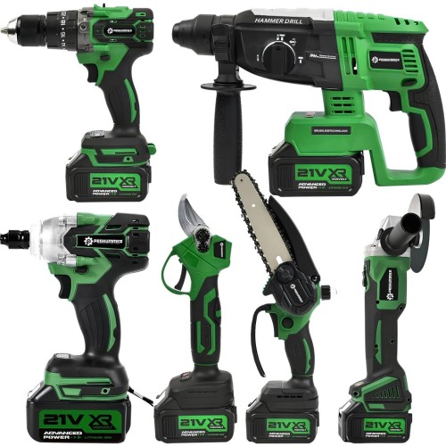 Prohummer PH348 Yeşil Profesyonel Akülü Süper 6lı Set Makina - 125mm Avuç Taşlama, Sds Plus Kırıcı Delic, Somun Sıkma Sökme, Vidalama Matkap, Budama Testere, Budama Makası