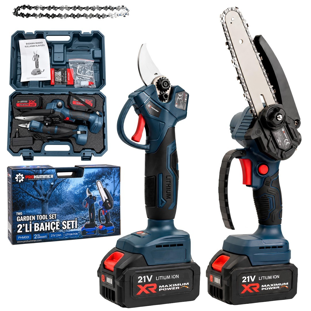 Prohummer PHM001 Profesyonel Akülü Kömürsüz Motor 2li Bahçe Seti - 32mm Dal Budama Makası, 15cm Dal Budama Testeresi 21V 2ah Çift Batarya