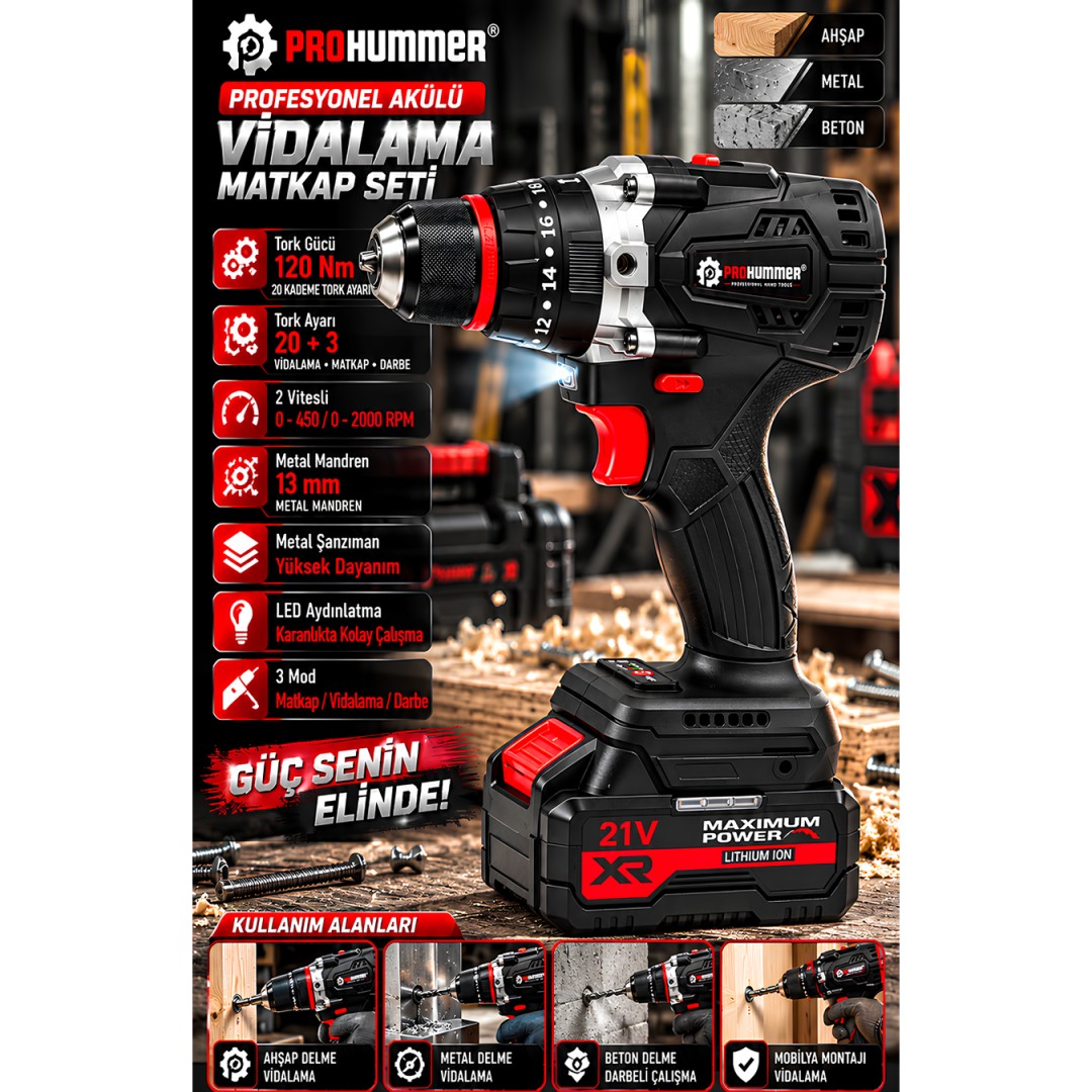 Prohummer Phm003 Profesyonel Akulu 4lu Vidalama Seti 21v 4ah Vidalama