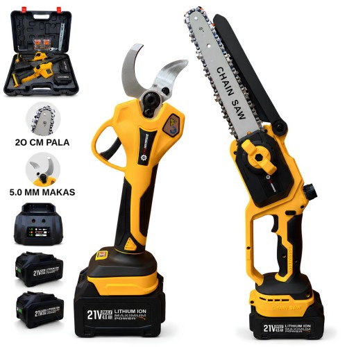 Prohummer PHM008 Yeni Akülü 2li Bahçe Seti Dal Budama Makası 40mm ve Dal Budama Testere 20cm 21V 4A Çift Akülü (Sarı)