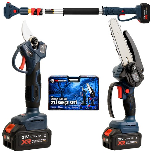 Prohummer PHM011-2M Teleskopik Uzatmalı Profesyonel Akülü Kömürsüz Motor 2li Bahçe Seti - 32mm Dal Budama Makası, 15cm Dal Budama Testeresi ve 2M Uzatma Çubuğu 21V 3ah Çift Batarya