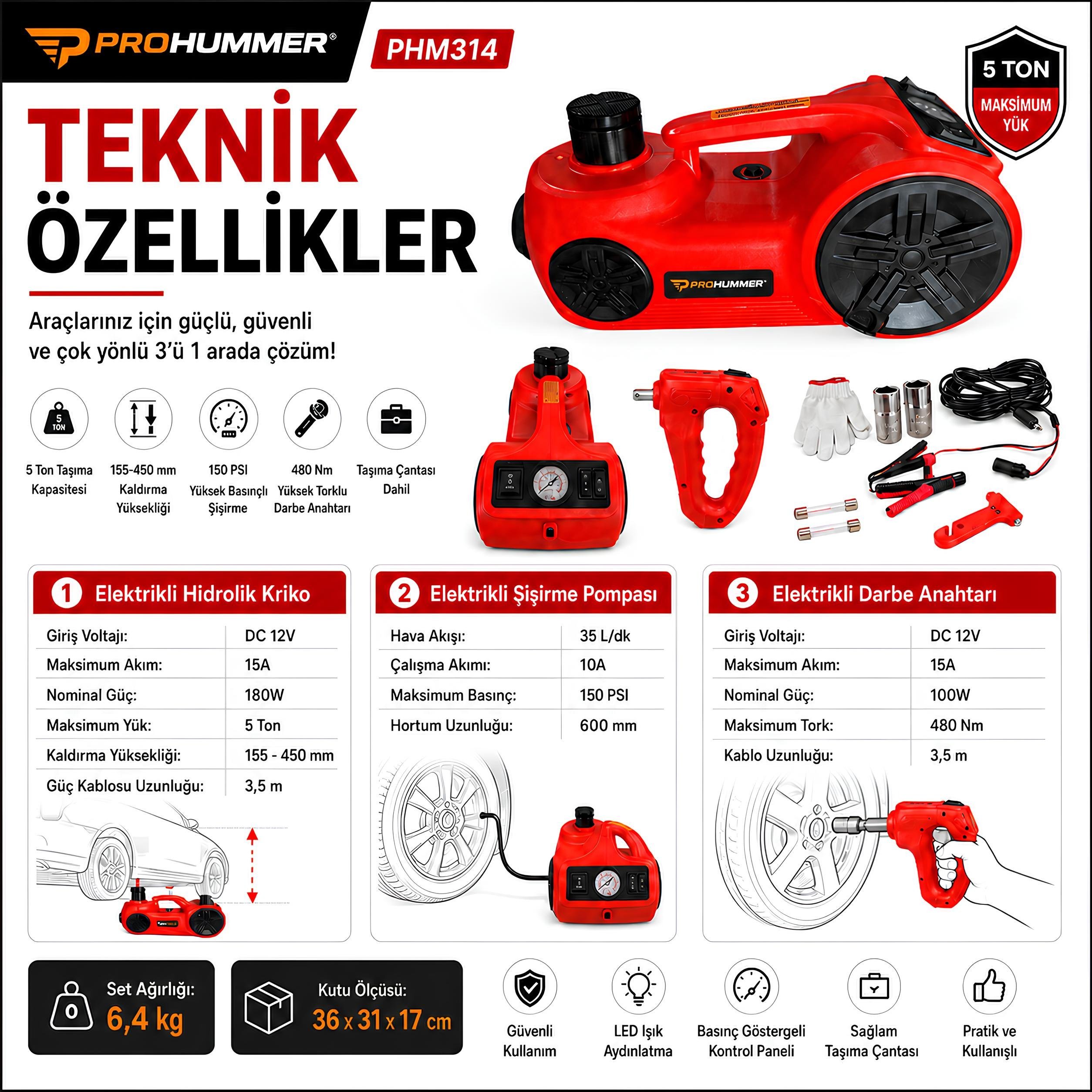 Prohummer PHM314 Elektrikli Kriko Seti teknik özellikler