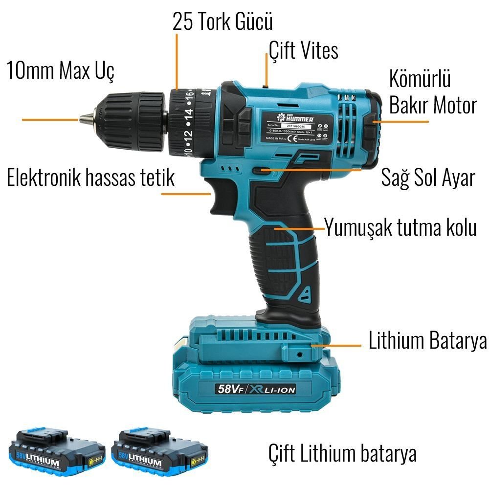 Prohummer PHSM189 Ultra Akülü 58vf Darbeli Vidalama Matkap Seti (Mavi) özellikleri
