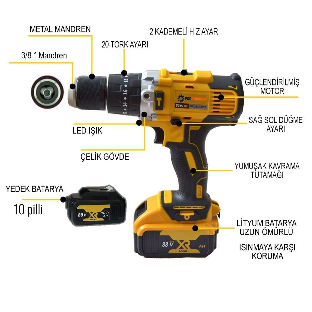 Prohummer PH-SM031 88vf Darbeli Şarjlı Matkap Seti (Sarı) özellikler