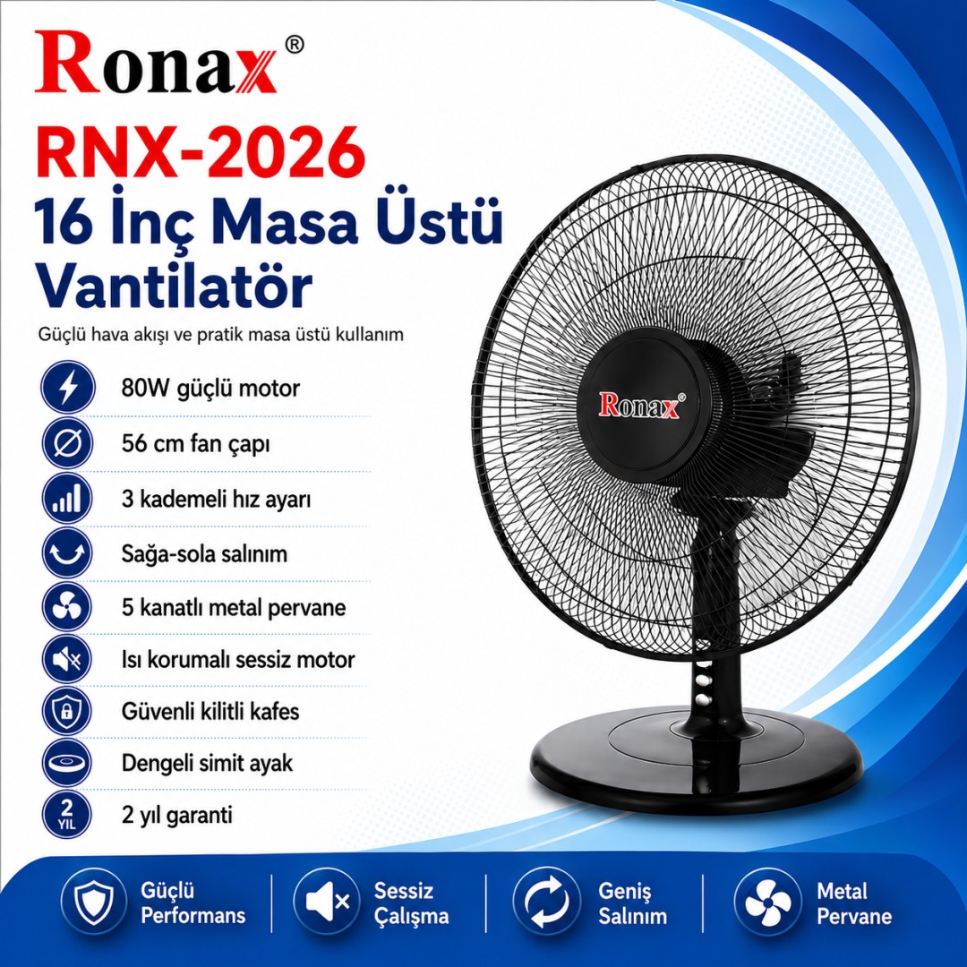 Ronax RNX-2026 16 İnç Masa Üstü Vantilatör 80W Metal Pervaneli model ve fiyatları