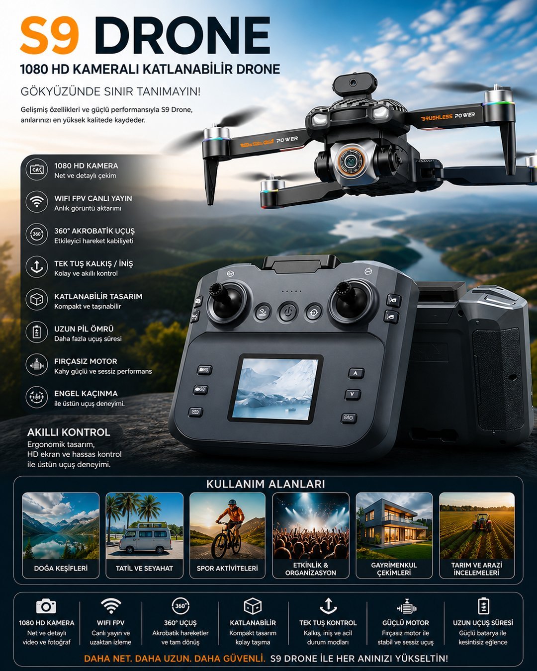 S9 Katlanabilir HD Kameralı Drone WiFi FPV Canlı Yayın 360 Derece Akrobatik Uçuş Tek Tuş Kontrol model ve fiyatlar