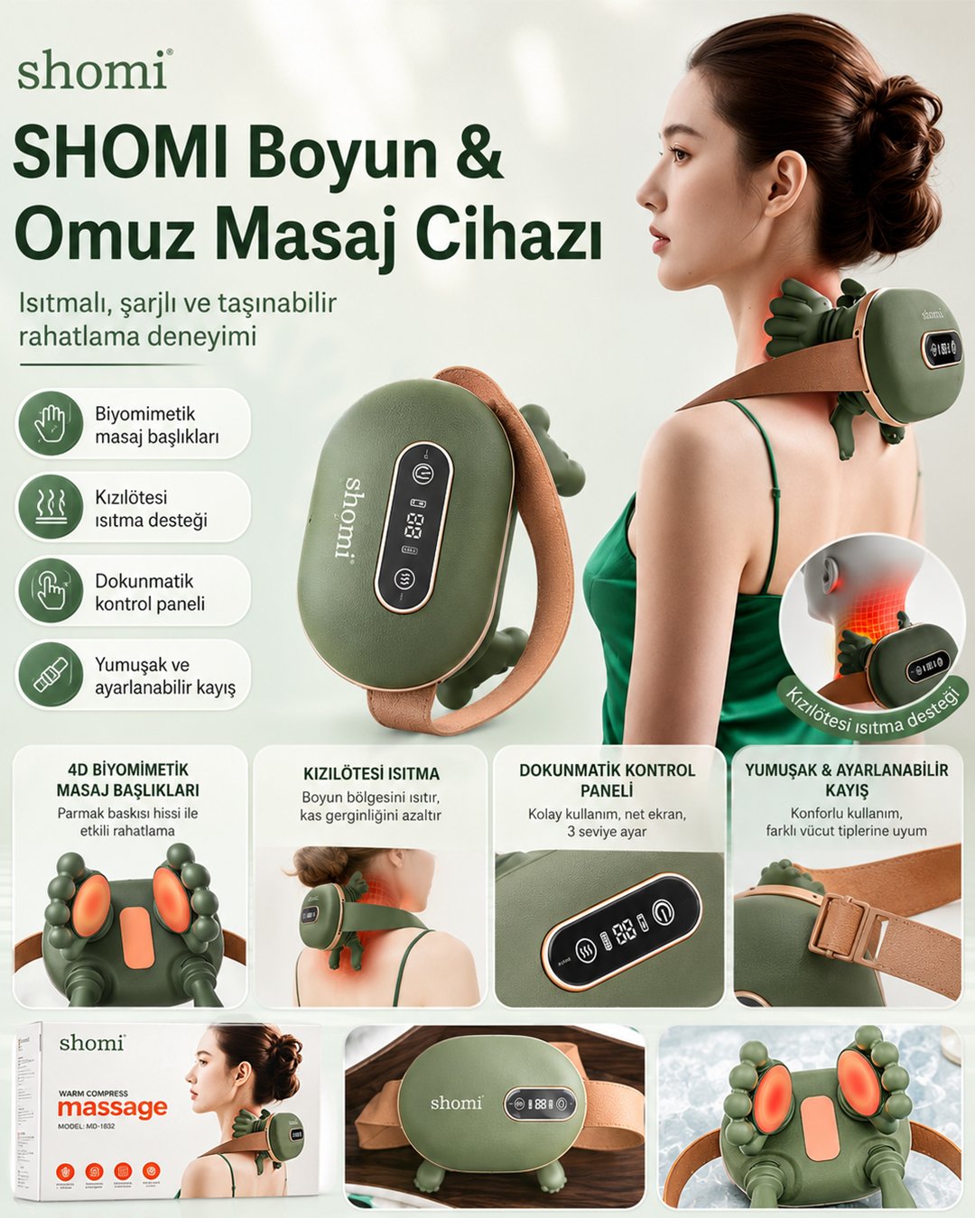 SHOMI SHM001 Isıtmalı Şarjlı Boyun ve Omuz Masaj Cihazı model ve fiyatları