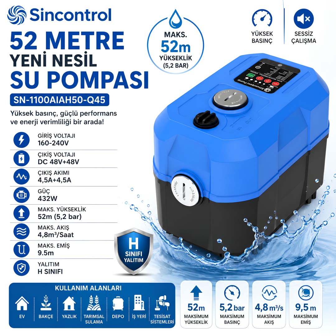 Sincontrol SN-1100AIAH50-Q45 52 Metre Yeni Nesil Su Pompası 432W model ve fiyatları