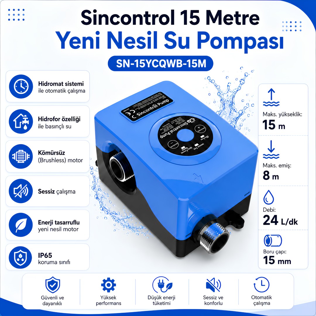 Sincontrol SN-15YCQWB-15M 15 Metre Yeni Nesil Su Pompası Hidromatlı Basınç Pompası teknik ozellikeri