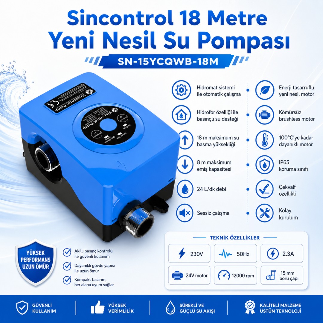 Sincontrol SN-15YCQWB-18M 18 Metre Yeni Nesil Otomatik Basınçlı Su Pompası model ve fiyatları