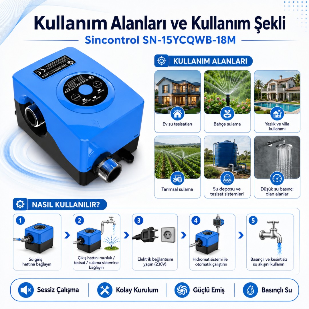 Sincontrol SN-15YCQWB-18M 18 Metre Yeni Nesil Otomatik Basınçlı Su Pompası teknik ozellikleri