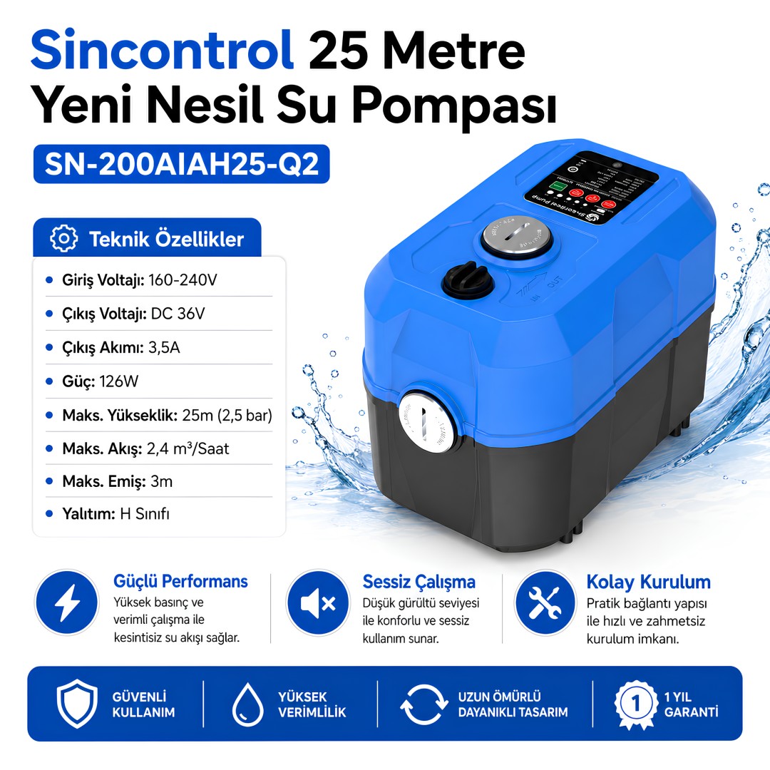 Sincontrol 25 Metre Yeni Nesil Su Pompası SN-200AIAH25-Q2 126W teknik özellikleri