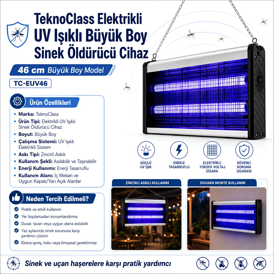 TeknoClass TC-EUV46 Elektrikli UV Işıklı Sinek Öldürücü Cihaz 46 cm teknik özellikleri
