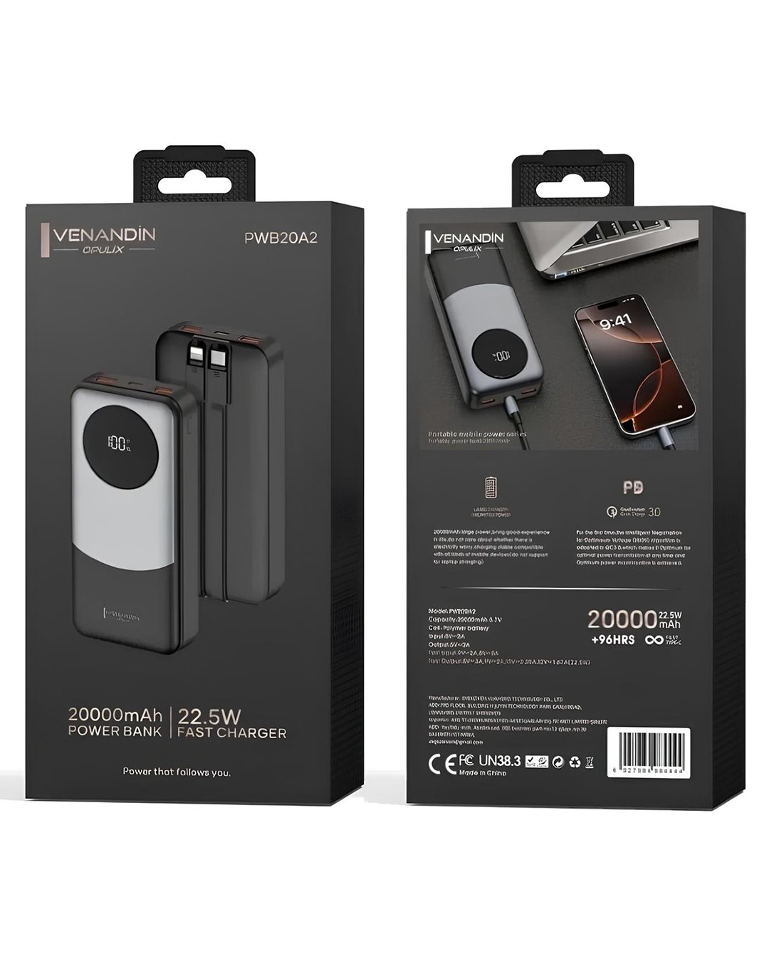 Venandin PWB20A2 20.000 Mah LED Göstergeli 22.5W Hızlı Kendinden Kablolu Powerbank özellikler