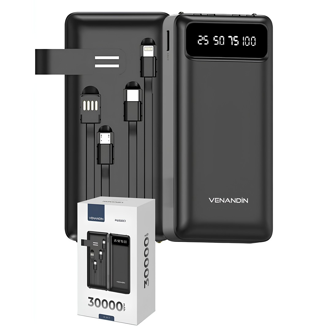 Venandin PWB30C1 30.000 mAh Powerbank 4 ü 1 Arada Entegre Kablolu LED Göstergeli Taşınabilir Şarj Cihazı