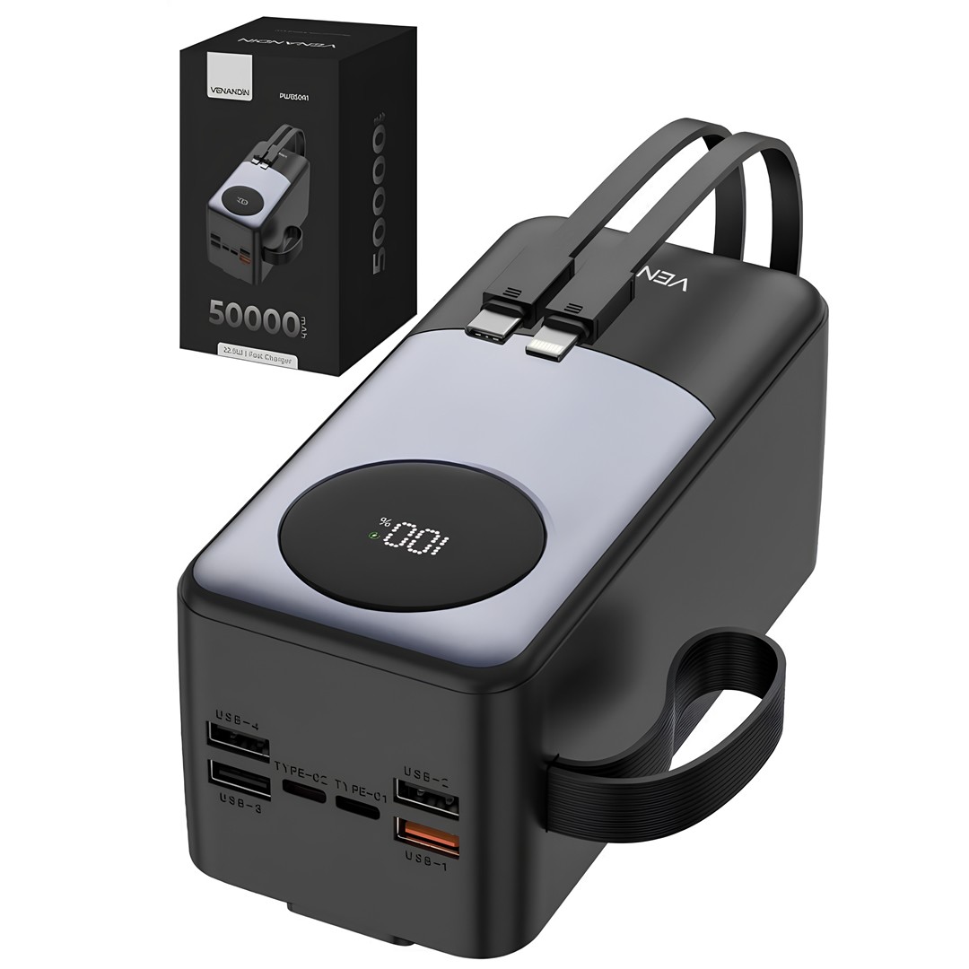 Venandin Opulix PWB50A1 50.000 mAh 22.5W Hızlı Şarj Powerbank – 6 Port, Entegre Kablolu, LED Göstergeli Dev Kapasite