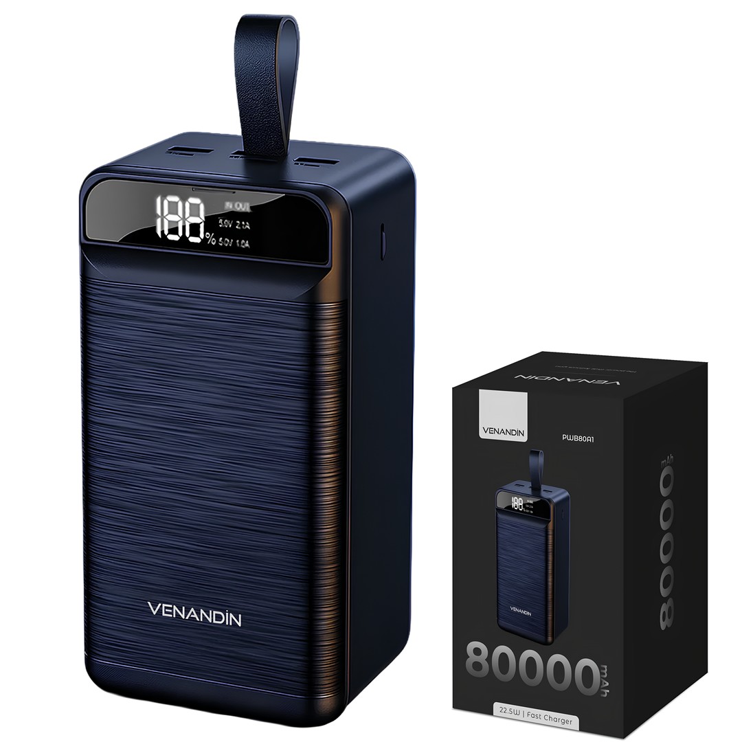 Venandin PWB80A1 80.000 mAh Powerbank 22.5W Hızlı Şarj – Entegre Kablolu, LED Göstergeli, Çoklu Çıkış