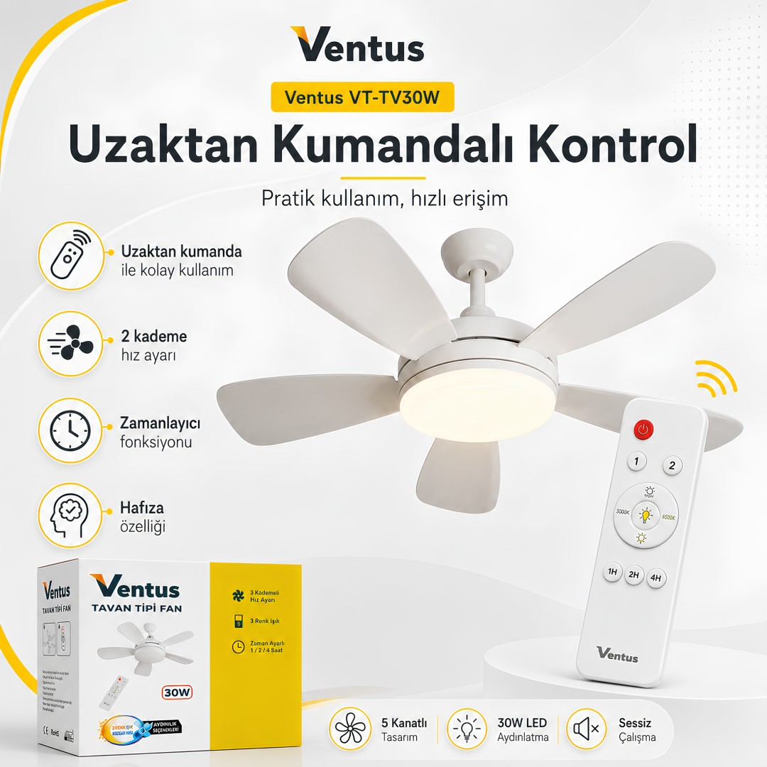 Ventus VT-TV30W Sessiz Çalışma 5 Kanatlı Işıklı Uzaktan Kumandalı Tavan Tipi Vantilatör model ve fiyatları