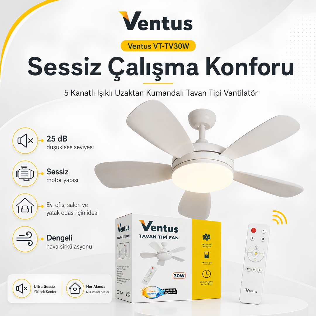 Ventus VT-TV30W Sessiz Çalışma 5 Kanatlı Işıklı Uzaktan Kumandalı Tavan Tipi Vantilatör özellikleri