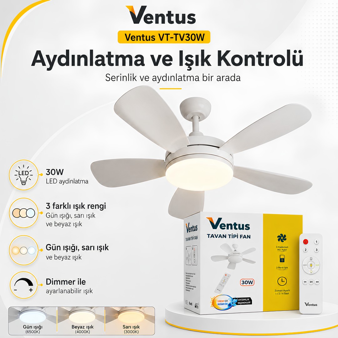 Ventus VT-TV30W Sessiz Çalışma 5 Kanatlı Işıklı Uzaktan Kumandalı Tavan Tipi Vantilatör teknik özellikleri