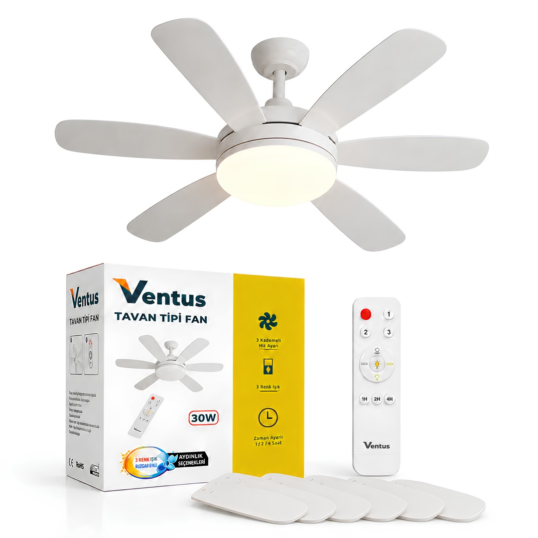 Ventus VT-TV30W Sessiz Çalışma 6 Kanatlı Işıklı Uzaktan Kumandalı Tavan Tipi Vantilatör