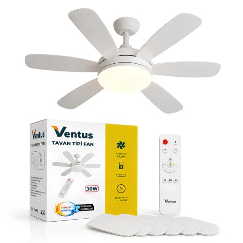 Ventus VT-TV30W Sessiz Çalışma 6 Kanatlı Işıklı Uzaktan Kumandalı Tavan Tipi Vantilatör