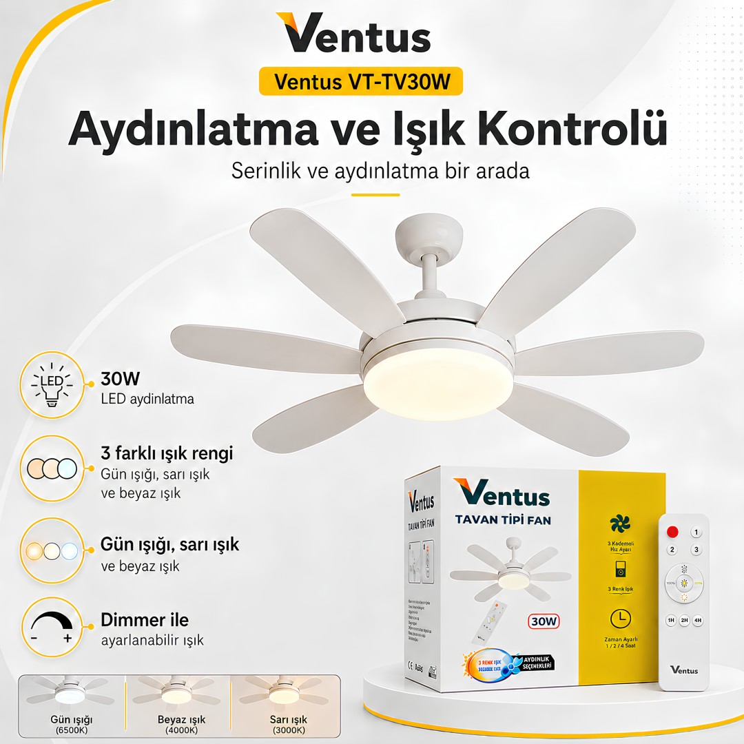 Ventus Vt Tv30w Sessiz Calisma 6 Kanatli Isikli Uzaktan Kumandali 30w Led 3 Renk Isik Dimmerli Zamanlayicili Tavan Tipi Vantilator Kullanim Sekilleri