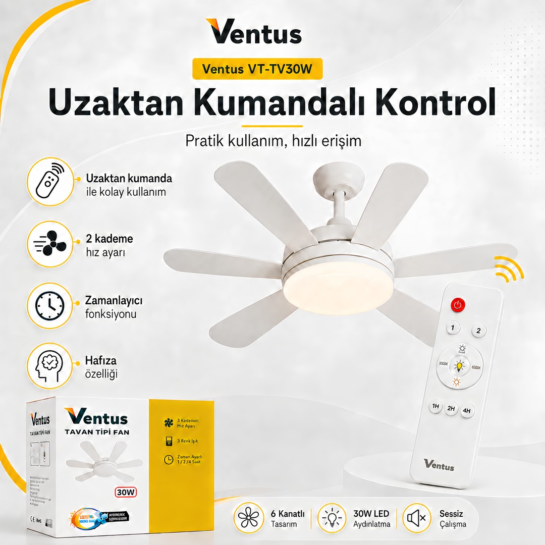 Ventus Vt Tv30w Sessiz Calisma 6 Kanatli Isikli Uzaktan Kumandali 30w Led 3 Renk Isik Dimmerli Zamanlayicili Tavan Tipi Vantilator Teknik Ozellikleri