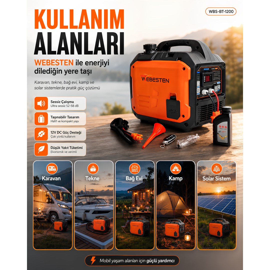 WEBESTEN WBS-BT-1200 12V DC Portatif Jeneratör 1200W Bluetooth Kontrollü kullanım alanları