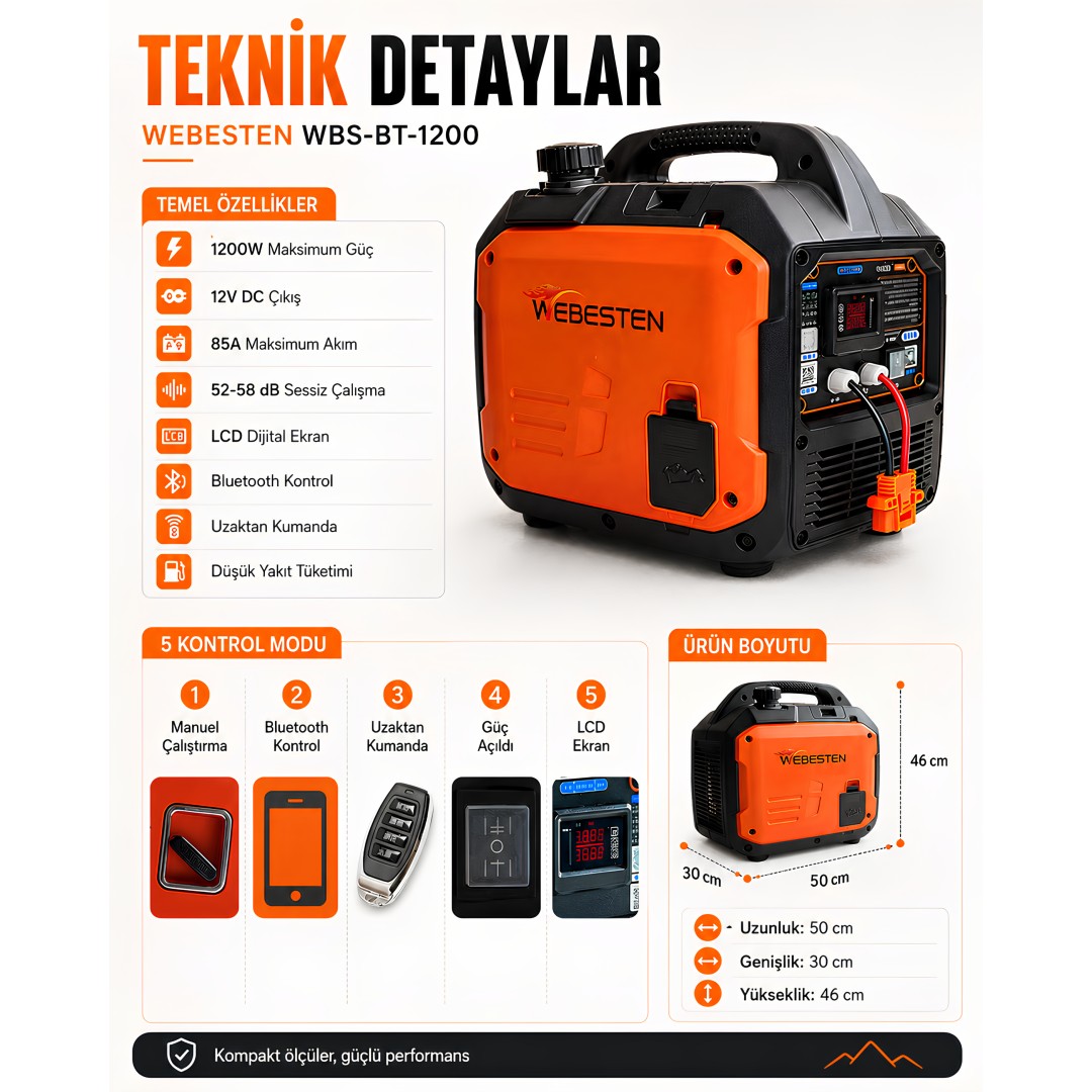 WEBESTEN WBS-BT-1200 12V DC Portatif Jeneratör 1200W Bluetooth Kontrollü teknik özellikleri