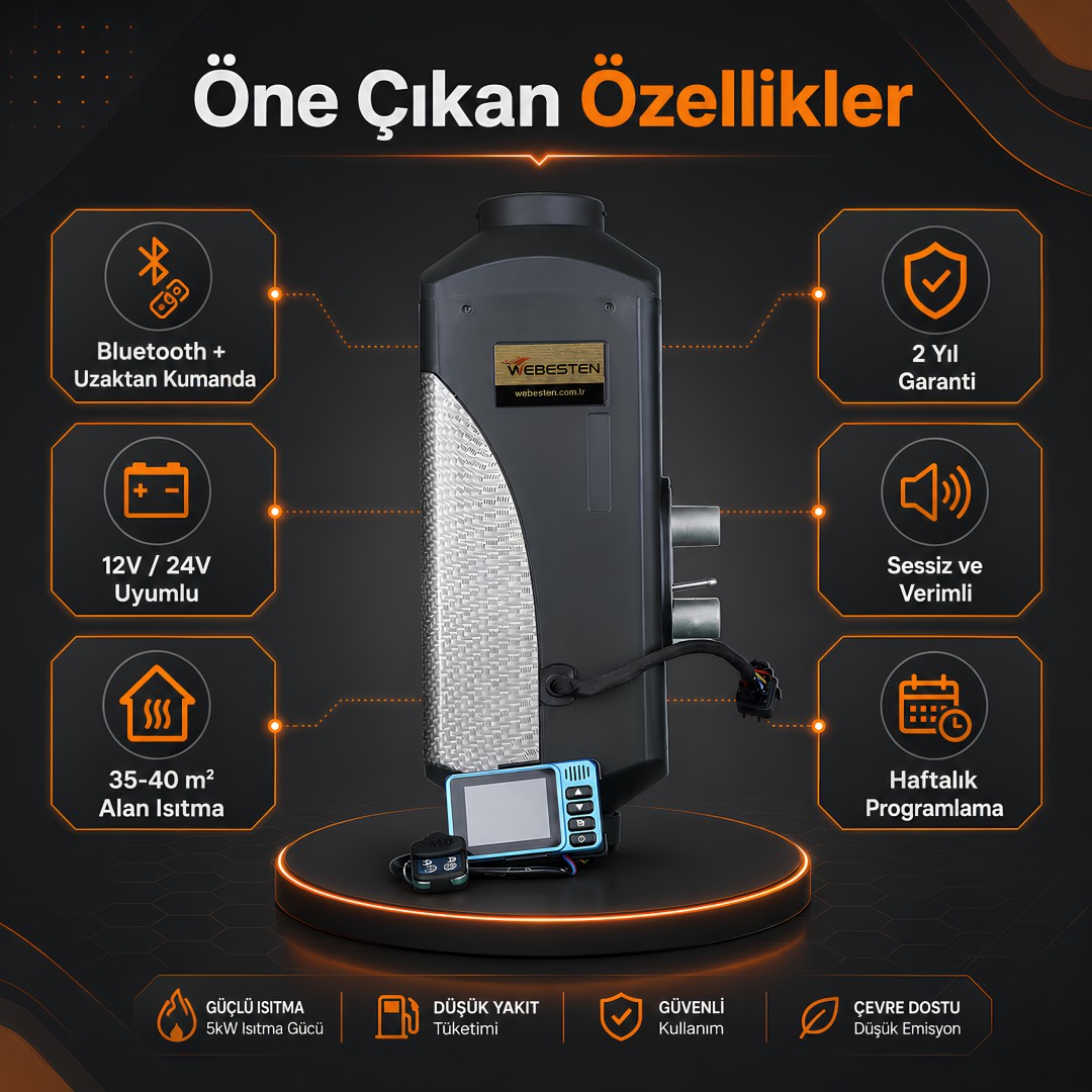 WEBESTEN WBS-NF-01 5kW Sabit Tip Dizel Isıtıcı 12V 24V Bluetoothlu özellikleri